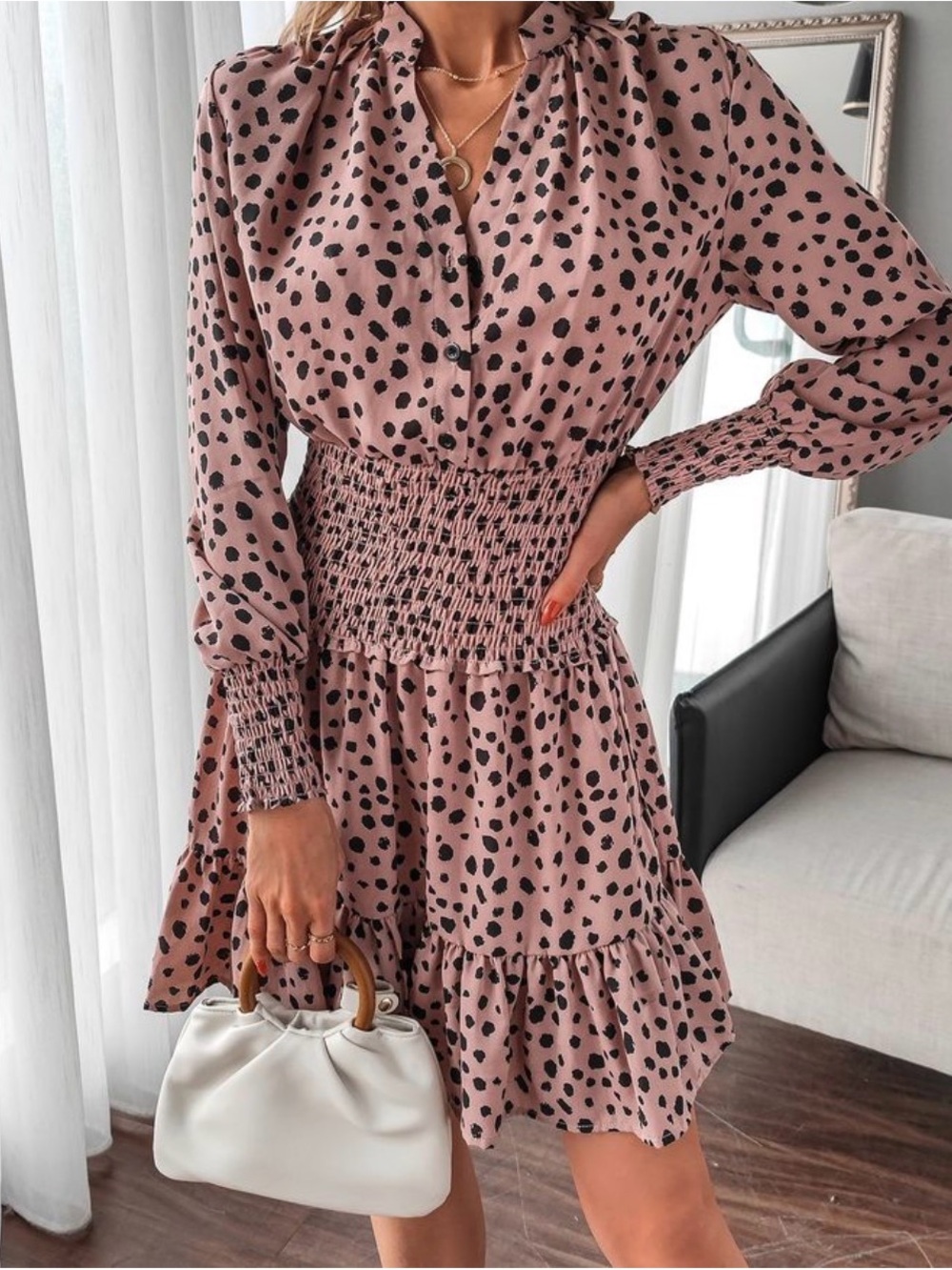 Blush Pink Smocked Waist Long-Sleeve Polka Dot Dress
